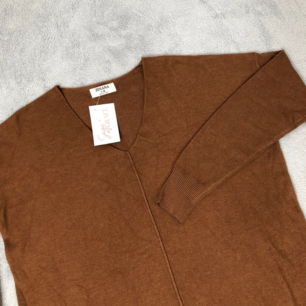 Zenana Brittan Sweater Women Small/Medium Brown V-Neck Oversized Knit Cozy Fall